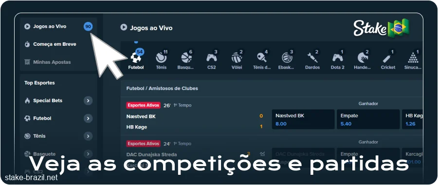 Selecione partidas ao vivo na Stake para Brasileiros